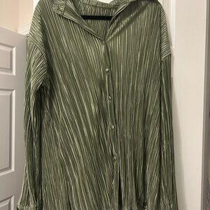 Green Pleated Button-Up Blouse